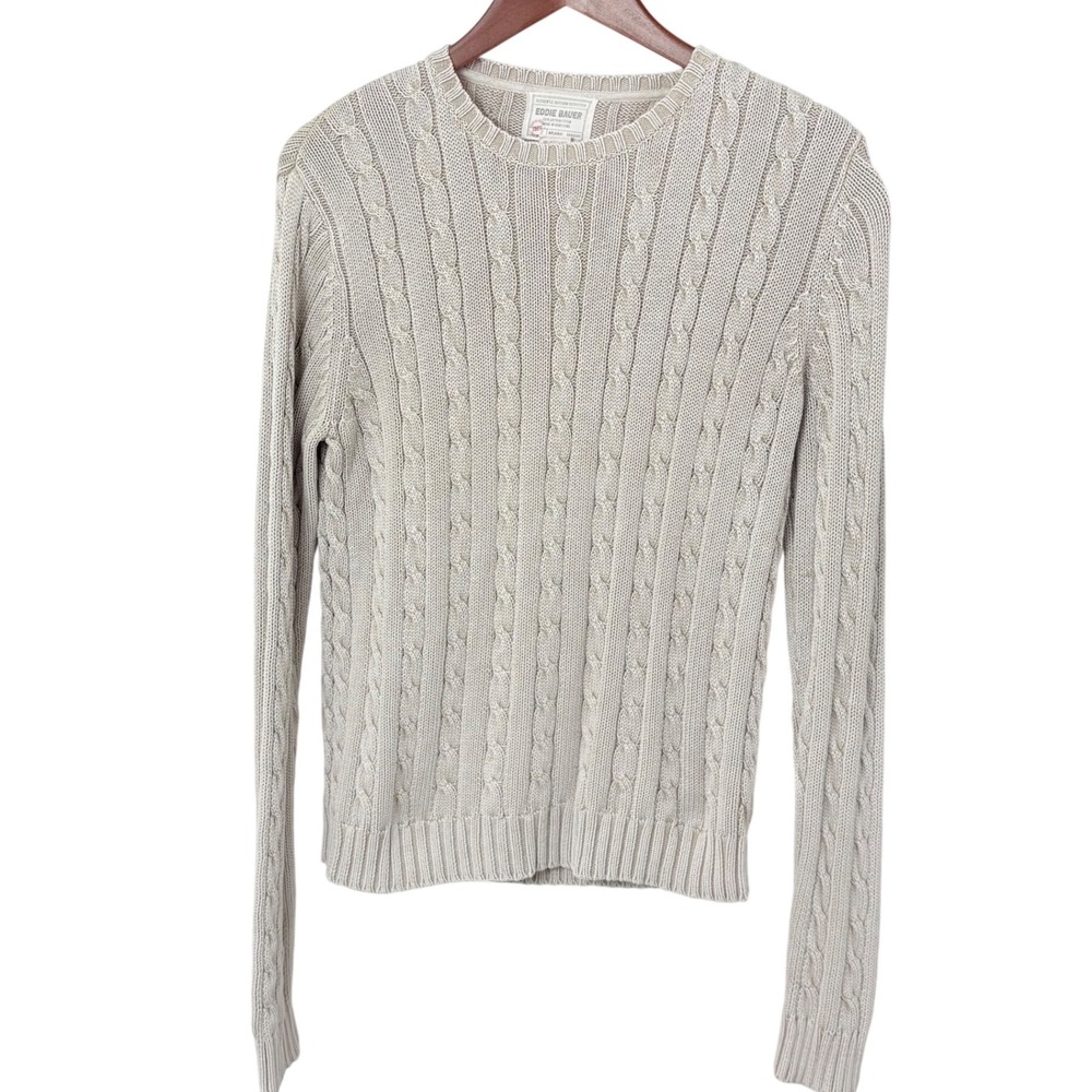 VTG Eddie‎ Bauer Cotton Sweater Fisherman Beige Cable Knit Men's L Classic TSITP